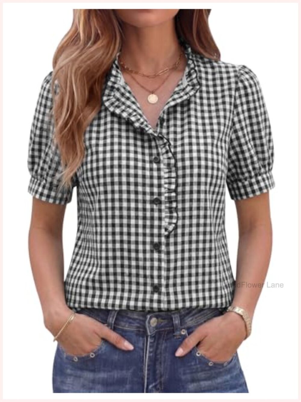 Women's Cotton Button Down Ruffle Blouse Short Sleeve Work Shirt